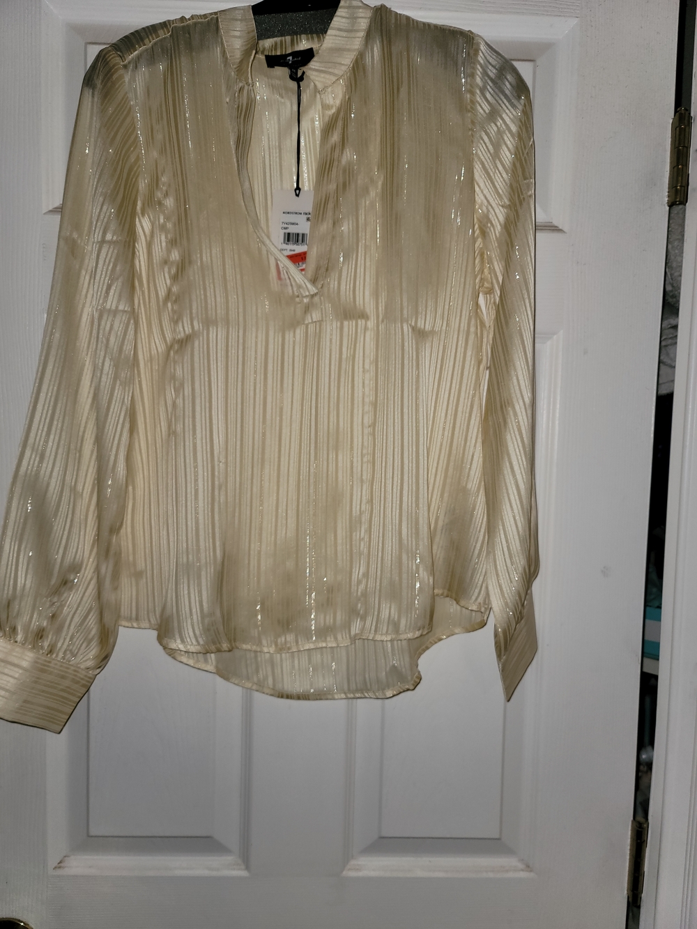 7 For All Mankind Shimmery Pleated V-Neck Blouse - Cream
